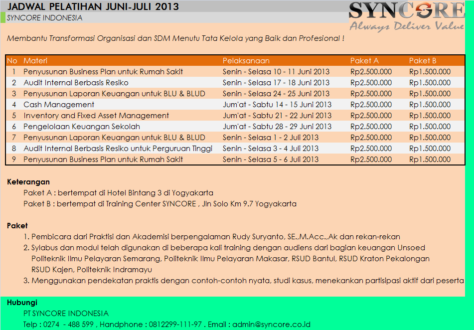 jadwal pelatihan syncore juni juli 2013